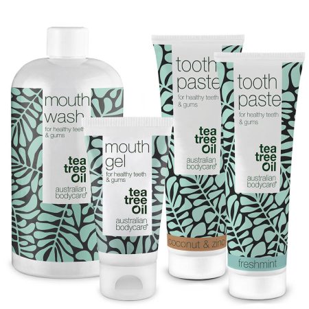 4 produkter för tänder och tandkött - Munprodukter med Tea Tree Oil för problem med tunga